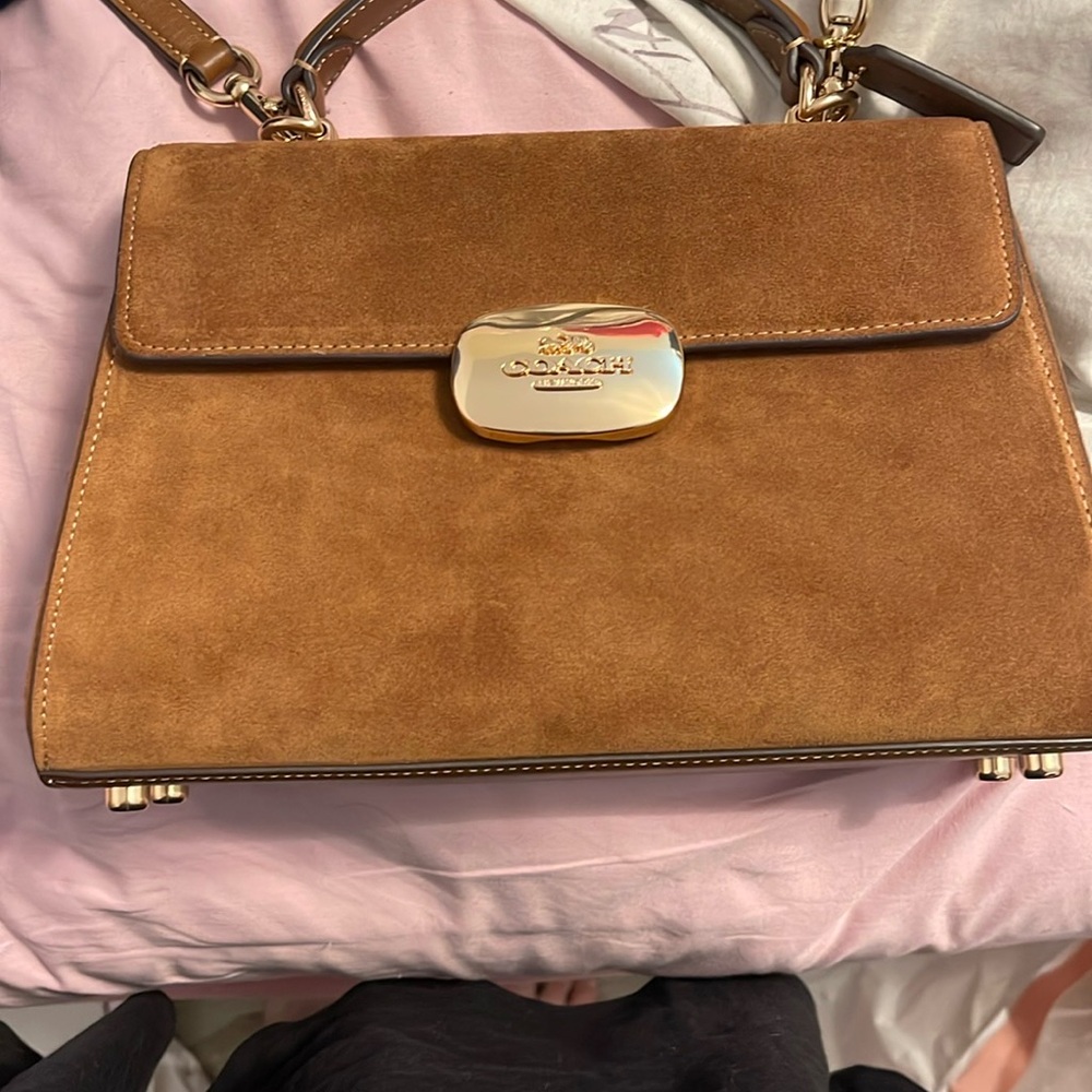 Coach Eliza top handle Brown Suede Shoulder Bag with Gold Accents